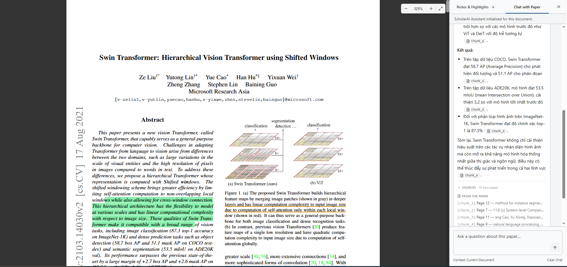Giao diện đọc PDF và trò chuyện có trích dẫn của ScholarAI